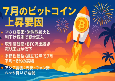 7月のビットコイン上昇要因を徹底分析 9 夏らしさ全開でビットコインがロケット発射するバージョンを作成しました! 夕焼けビーチ&花火の背景に、BTCマーク付きロケットが飛び立つ構図です。レイアウトは左側テキスト+右側ビジュアルで視認性を確保しています。色味・テキスト分量など調整したい点があればお気軽にどうぞ。