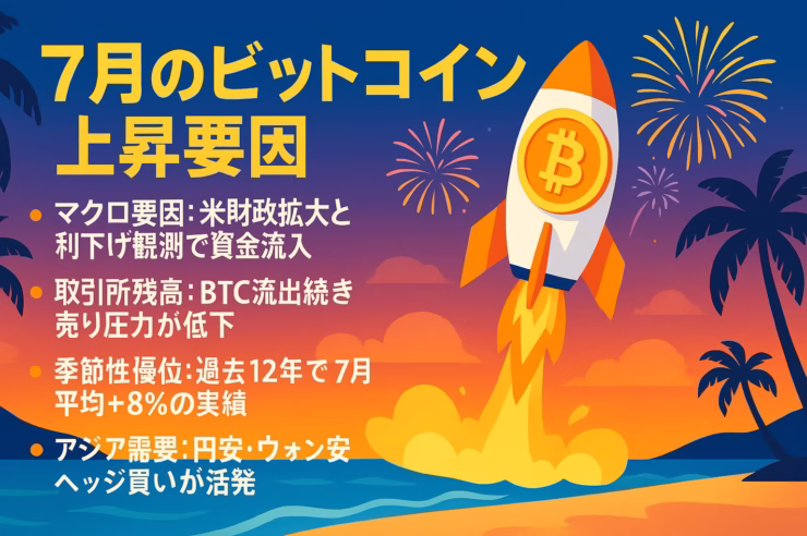 夏らしさ全開でビットコインがロケット発射するバージョンを作成しました！ 夕焼けビーチ＆花火の背景に、BTCマーク付きロケットが飛び立つ構図です。レイアウトは左側テキスト＋右側ビジュアルで視認性を確保しています。色味・テキスト分量など調整したい点があればお気軽にどうぞ。