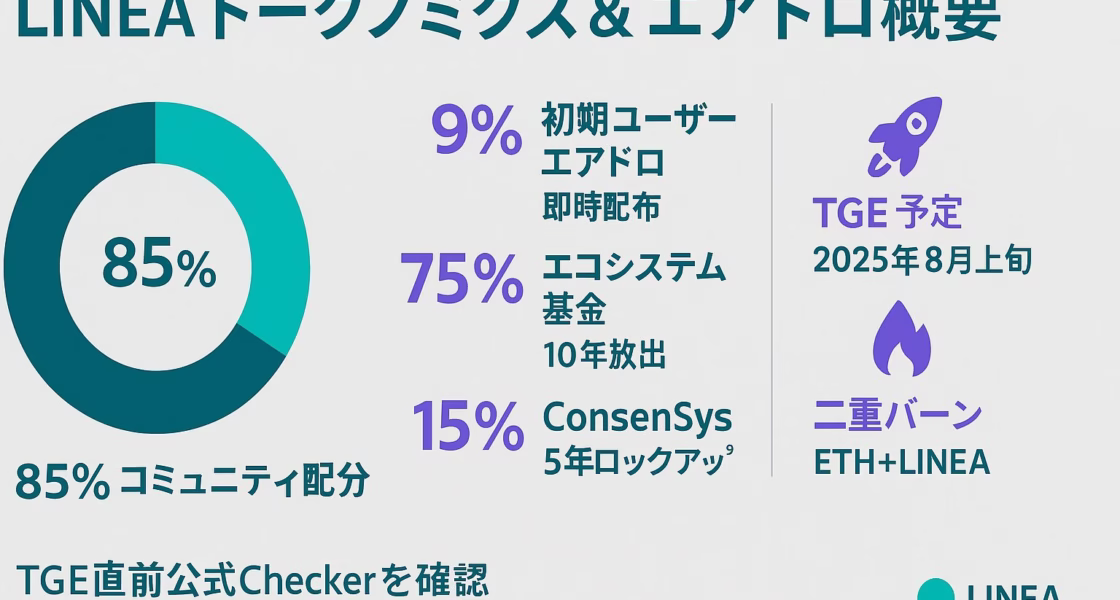 横長ライトグレー背景にティール基調のドーナツチャートと3列レイアウト。左列に「85 %コミュニティ配分」円グラフ、中央列に「9 %初期ユーザーエアドロ即時配布」「75 %エコシステム基金10年放出」「15 %ConsenSys5年ロック」など数値付き要点、右列にチェックリスト・ロケット・炎アイコンで「Checker公開TGE数日前」「TGE予定2025年8月上旬」「二重バーンETH＋LINEA」を縦配置。下部に「TGE直前公式Checkerを確認」注意書きと右下にLINEAロゴ。