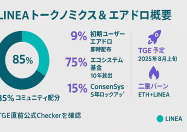 横長ライトグレー背景にティール基調のドーナツチャートと3列レイアウト。左列に「85 %コミュニティ配分」円グラフ、中央列に「9 %初期ユーザーエアドロ即時配布」「75 %エコシステム基金10年放出」「15 %ConsenSys5年ロック」など数値付き要点、右列にチェックリスト・ロケット・炎アイコンで「Checker公開TGE数日前」「TGE予定2025年8月上旬」「二重バーンETH＋LINEA」を縦配置。下部に「TGE直前公式Checkerを確認」注意書きと右下にLINEAロゴ。