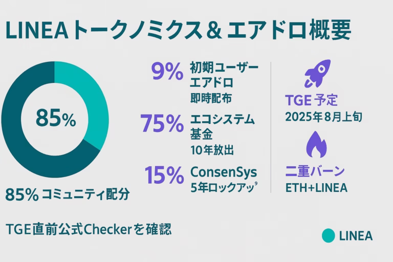 横長ライトグレー背景にティール基調のドーナツチャートと3列レイアウト。左列に「85 %コミュニティ配分」円グラフ、中央列に「9 %初期ユーザーエアドロ即時配布」「75 %エコシステム基金10年放出」「15 %ConsenSys5年ロック」など数値付き要点、右列にチェックリスト・ロケット・炎アイコンで「Checker公開TGE数日前」「TGE予定2025年8月上旬」「二重バーンETH＋LINEA」を縦配置。下部に「TGE直前公式Checkerを確認」注意書きと右下にLINEAロゴ。
