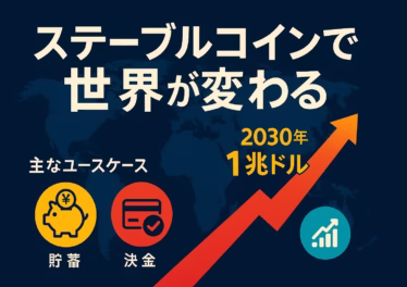 7月13日、ステーブルコイン供給拡大で市場変革 9 ステーブルコインで世界が変わる――地図を背景に、巨大な赤い矢印が1兆ドル市場への成長を示し、貯蓄・決済・DeFi利回りのアイコンが並ぶインフォグラフィック