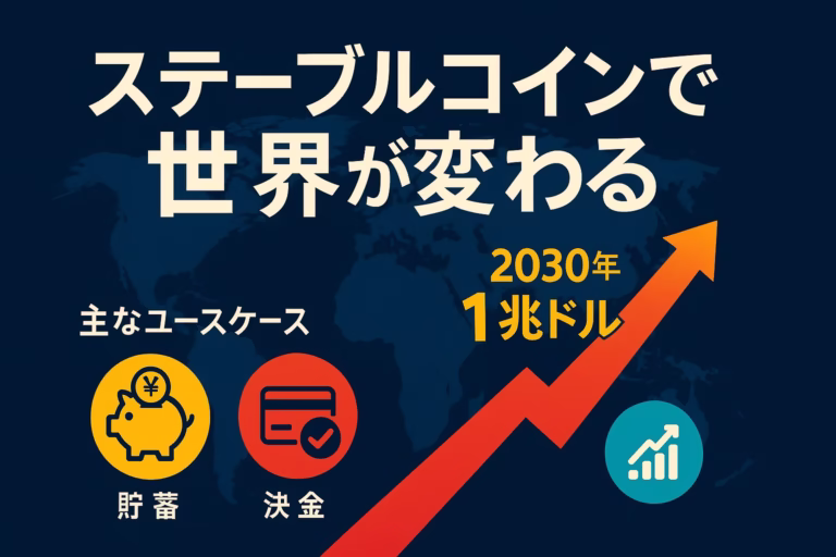 ステーブルコインで世界が変わる――地図を背景に、巨大な赤い矢印が1兆ドル市場への成長を示し、貯蓄・決済・DeFi利回りのアイコンが並ぶインフォグラフィック