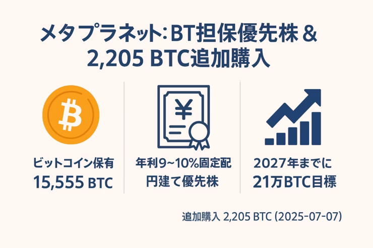 インフォグラフィック。中央見出し「メタプラネット：BTC担保優先株 & 2,205 BTC追加購入」。3列レイアウトで左から「ビットコイン保有15,555 BTC」（オレンジのBTCコインアイコン）、中央「年利9〜10％固定配当 円建て優先株」（証書アイコン）、右「2027年までに21万BTC目標」（上向き矢印グラフアイコン）。下部に「追加購入 2,205 BTC (2025-07-07)」。余白60 px確保、配色はBTCオレンジと濃紺。