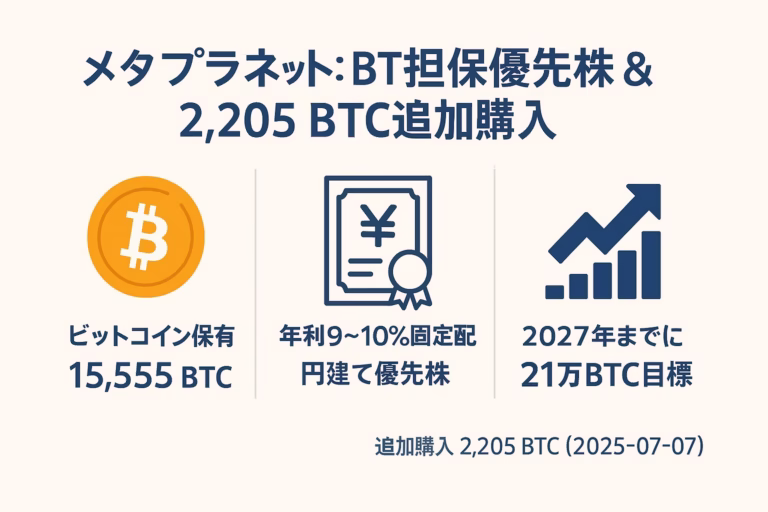 インフォグラフィック。中央見出し「メタプラネット：BTC担保優先株 & 2,205 BTC追加購入」。3列レイアウトで左から「ビットコイン保有15,555 BTC」（オレンジのBTCコインアイコン）、中央「年利9〜10％固定配当 円建て優先株」（証書アイコン）、右「2027年までに21万BTC目標」（上向き矢印グラフアイコン）。下部に「追加購入 2,205 BTC (2025-07-07)」。余白60 px確保、配色はBTCオレンジと濃紺。