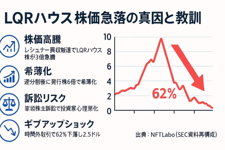 LQRハウス株価急落インフォグラフィック：タイトル、株価3倍急騰・発行株6倍で希薄化・筆頭株主訴訟・時間外62％下落の4ポイントを左側に、右側に10ドルから2.5ドルへ落ち込む赤ラインの株価グラフ、出典を「NFTLabo（SEC資料再構成）」とした横長1280×670pxデザイン。