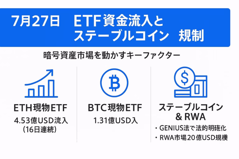 7月27日付の日本語インフォグラフィック。青を基調に、左から「ETH現物ETF 4.53億USD流入（16日連続）」「BTC現物ETF 1.31億USD流入」「ステーブルコイン & RWA — GENIUS法で法的明確化／RWA市場20億USD規模」を3列で配置し、上部に「ETF資金流入とステーブルコイン規制」と大見出しを配置。