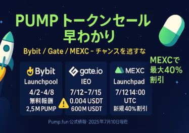 PUMPトークンセール早わかり」と題した横長インフォグラフィック。宇宙を背景にロケットとカプセル形トークンを配置し、中央にBybit・Gate.io・MEXC各取引所の販売条件を3列で比較。右側に「MEXCで最大40％割引」と強調表示。下部に「Pump.fun公式情報・2025年7月10日現在」と注記。
