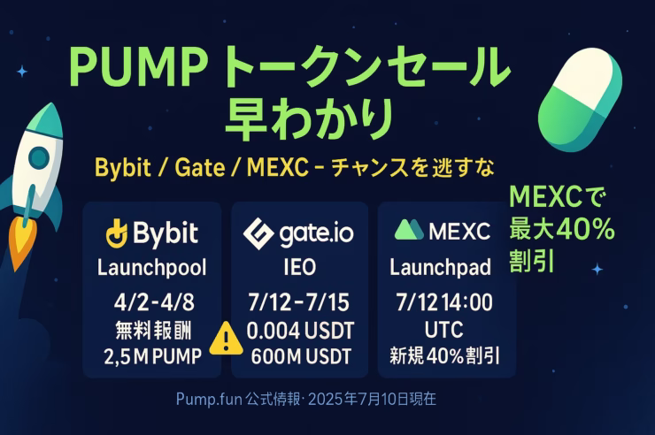PUMPトークンセール早わかり」と題した横長インフォグラフィック。宇宙を背景にロケットとカプセル形トークンを配置し、中央にBybit・Gate.io・MEXC各取引所の販売条件を3列で比較。右側に「MEXCで最大40％割引」と強調表示。下部に「Pump.fun公式情報・2025年7月10日現在」と注記。