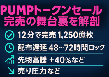 PUMPトークンセール完売の舞台裏を解剖 10 PUMPトークンセール完売の舞台裏を解剖」という見出しの下、チェック・時計・チャート・矢印アイコンを添えて〈12分で完売〉〈配布遅延48-72h〉〈先物高騰+40%〉〈売り圧力〉を4行で示すネオン調横長インフォグラフィック