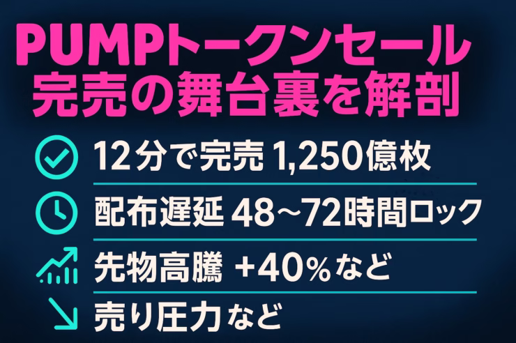 PUMPトークンセール完売の舞台裏を解剖」という見出しの下、チェック・時計・チャート・矢印アイコンを添えて〈12分で完売〉〈配布遅延48-72h〉〈先物高騰+40%〉〈売り圧力〉を4行で示すネオン調横長インフォグラフィック