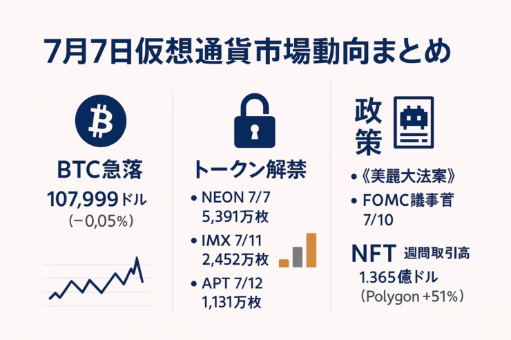 2025年7月7日仮想通貨市場インフォグラフィック：BTC急落、トークン解禁スケジュール、政策・NFT動向を3分割で可視化