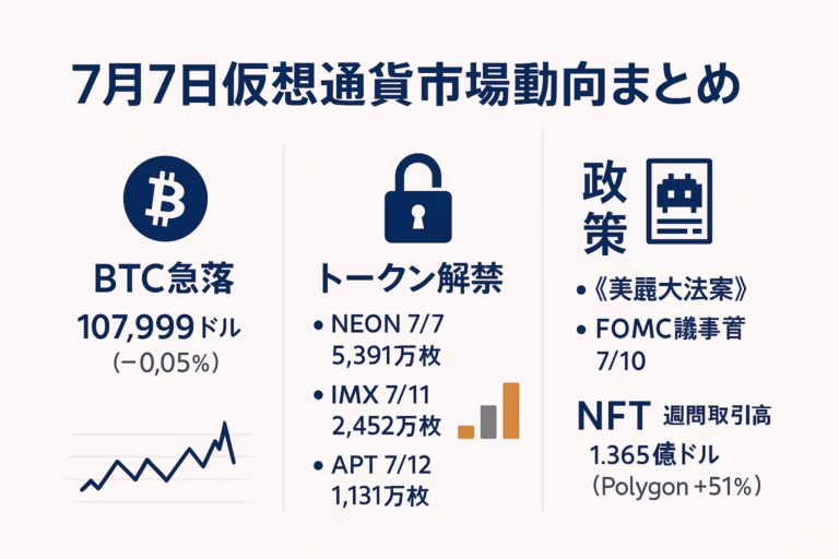 2025年7月7日仮想通貨市場インフォグラフィック：BTC急落、トークン解禁スケジュール、政策・NFT動向を3分割で可視化