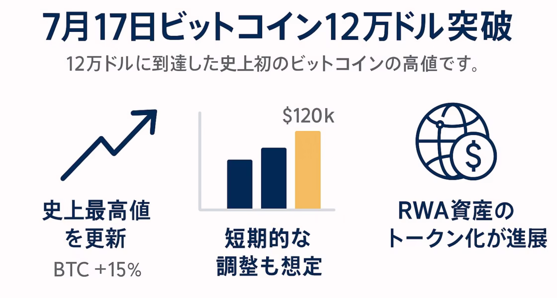 「7月17日ビットコイン12万ドル突破」と大きく掲げ、サブタイトルに「12万ドルに到達した史上初のビットコインの高値です。」と説明。横長グリッドに3つの情報ブロック：左は上向き矢印アイコンと「史上最高値を更新｜BTC＋15%」、中央は棒グラフ（最後の棒がゴールド）と「短期的な調整も想定」、右は地球とドル記号のアイコンに「RWA資産のトークン化が進展」。全体をネイビーブルー主体、アクセントにゴールドを用い、余白60pxを確保したフラットデザインのインフォグラフィック。