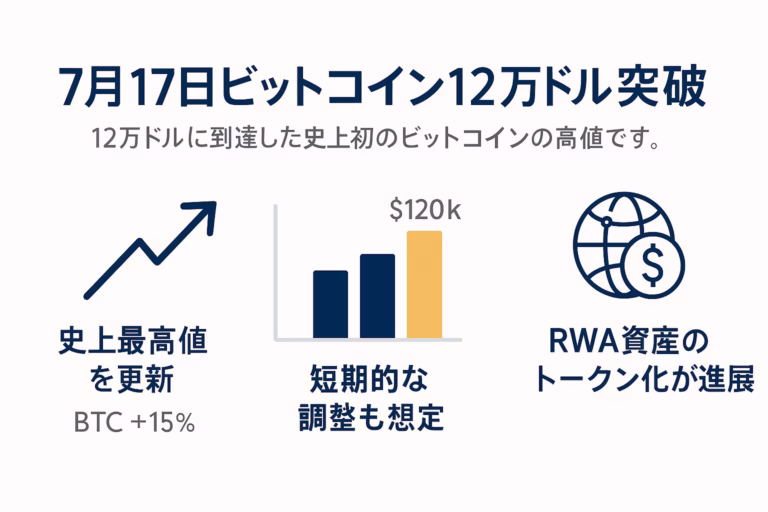 「7月17日ビットコイン12万ドル突破」と大きく掲げ、サブタイトルに「12万ドルに到達した史上初のビットコインの高値です。」と説明。横長グリッドに3つの情報ブロック：左は上向き矢印アイコンと「史上最高値を更新｜BTC＋15%」、中央は棒グラフ（最後の棒がゴールド）と「短期的な調整も想定」、右は地球とドル記号のアイコンに「RWA資産のトークン化が進展」。全体をネイビーブルー主体、アクセントにゴールドを用い、余白60pxを確保したフラットデザインのインフォグラフィック。