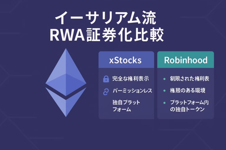 イーサリアム風のフラットデザイン。左上に大きく「イーサリアム流　RWAトークン化」と見出し。中央にイーサリアムのロゴアイコン。右側 3 列グリッドで xStocks と Robinhood の特徴を比較したミニカードが並び、各カードに鍵アイコンやチェーンリンクアイコンを添えた。背景は薄いネイビー、アクセントにライトブルーとグリーンを使用。
