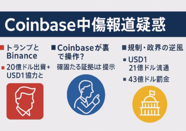 Coinbase中傷報道疑惑:トランプとBinanceを巡る真相 13 Coinbase中傷報道疑惑を図解。USD1流通21億ドルと20億ドル投資、CZ恩赦申請、GENIUS法案の規制逆風を一目で可視化。