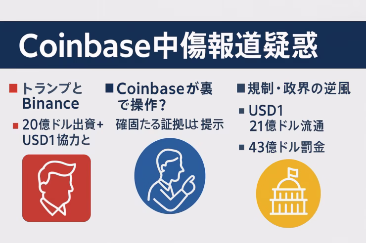 Coinbase中傷報道疑惑を図解。USD1流通21億ドルと20億ドル投資、CZ恩赦申請、GENIUS法案の規制逆風を一目で可視化。