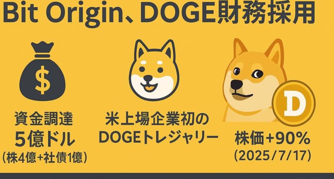 Bit OriginがDogecoinを財務資産に採用したことを伝える横長インフォグラフィック。黄（金色）を基調に、左60 pxを空けたうえで中央〜右に情報を配置。大見出し「Bit Origin、DOGE財務採用」の下に、①資金調達5億ドル（株4億＋社債1億）②米上場企業初のDOGEトレジャリー③株価＋90％（2025/7/17）の3項目をアイコン付きで並列。右端に柴犬とDogecoinコインのイラスト。フォントはNoto Sans JP、最小文字20 px、セーフゾーン内に収まるレイアウト。