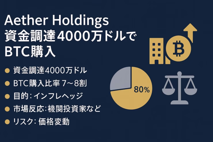 紺地に金とグレーでデザインされた横長インフォグラフィック。左側に大見出し『Aether Holdings 資金調達4000万ドルでBTC購入』と bullet 形式の要点（資金調達額、BTC購入比率7〜8割、インフレヘッジ目的、市場反応、価格変動リスク）。右側には80％を示す円グラフ、ビットコインアイコン上向き矢印、ビルと天秤の線画アイコンを配置。視認性を確保しつつ安全余白を守ったレイアウト。