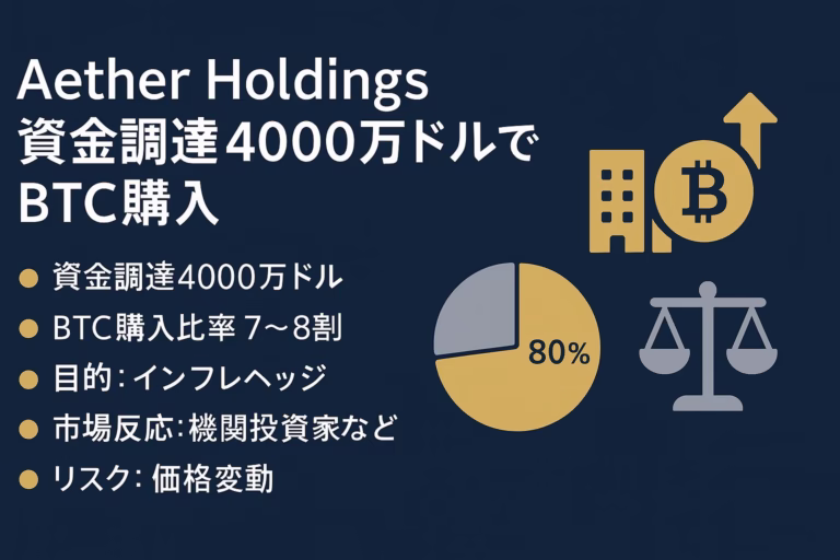 紺地に金とグレーでデザインされた横長インフォグラフィック。左側に大見出し『Aether Holdings 資金調達4000万ドルでBTC購入』と bullet 形式の要点（資金調達額、BTC購入比率7〜8割、インフレヘッジ目的、市場反応、価格変動リスク）。右側には80％を示す円グラフ、ビットコインアイコン上向き矢印、ビルと天秤の線画アイコンを配置。視認性を確保しつつ安全余白を守ったレイアウト。
