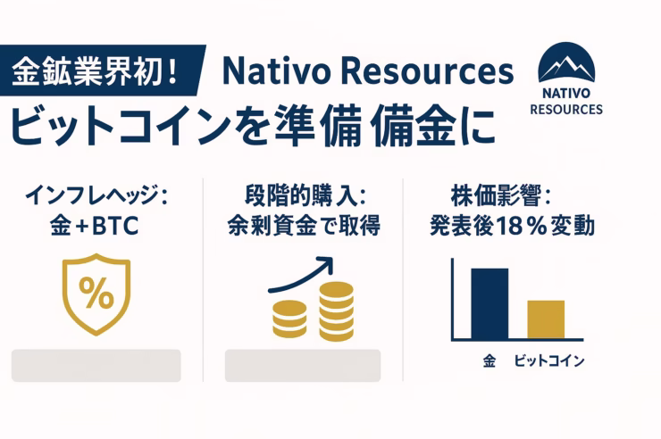 横長 1280×670 px のインフォグラフィック。白地にネイビー＆ゴールド。左 60 px は余白。見出し『金鉱業界初！Nativo Resources、ビットコインを準備金に』。3 列グリッドで (1) インフレヘッジ〈金＋BTC〉アイコン盾、(2) 段階的購入〈余剰資金で取得〉コイン積みアイコン、(3) 株価影響〈発表後18％変動〉下向きチャート。各アイコン48‑64 px、最小フォント20 px、セーフゾーン順守。