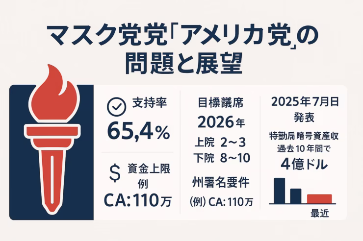 マスク新党『アメリカ党』の課題と展望」をタイトルに、左にトーチのアイコン、中央に支持率65.4％・資金上限45万ドル・CA署名要件110万、右に「2025年7月5日発表」「特勤局暗号資産押収4億ドル」のタイムラインと棒グラフを navy×赤×白の3色で配置した横長図解
