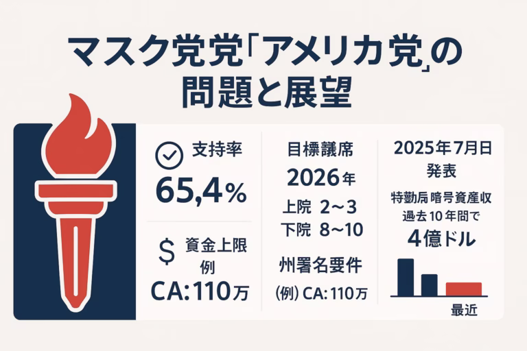 マスク新党『アメリカ党』の課題と展望」をタイトルに、左にトーチのアイコン、中央に支持率65.4％・資金上限45万ドル・CA署名要件110万、右に「2025年7月5日発表」「特勤局暗号資産押収4億ドル」のタイムラインと棒グラフを navy×赤×白の3色で配置した横長図解