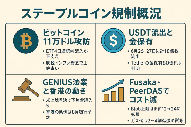 USDT18億枚流出、GENIUS法案と香港ステーブルコイン条例で揺れる規制情勢を一枚の図で俯瞰。BTC11万ドル攻防、ETF資金流入、Fusaka/PeerDASによるL2手数料▲40%試算も掲載。