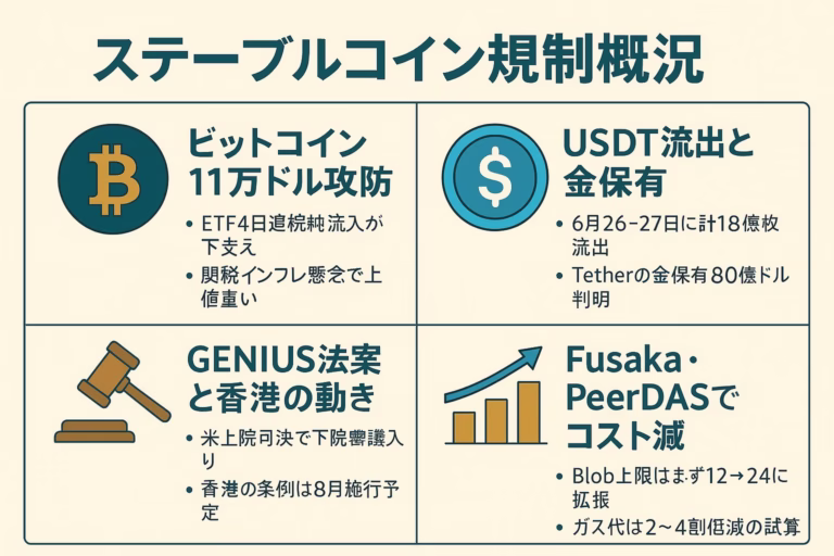 USDT18億枚流出、GENIUS法案と香港ステーブルコイン条例で揺れる規制情勢を一枚の図で俯瞰。BTC11万ドル攻防、ETF資金流入、Fusaka/PeerDASによるL2手数料▲40%試算も掲載。