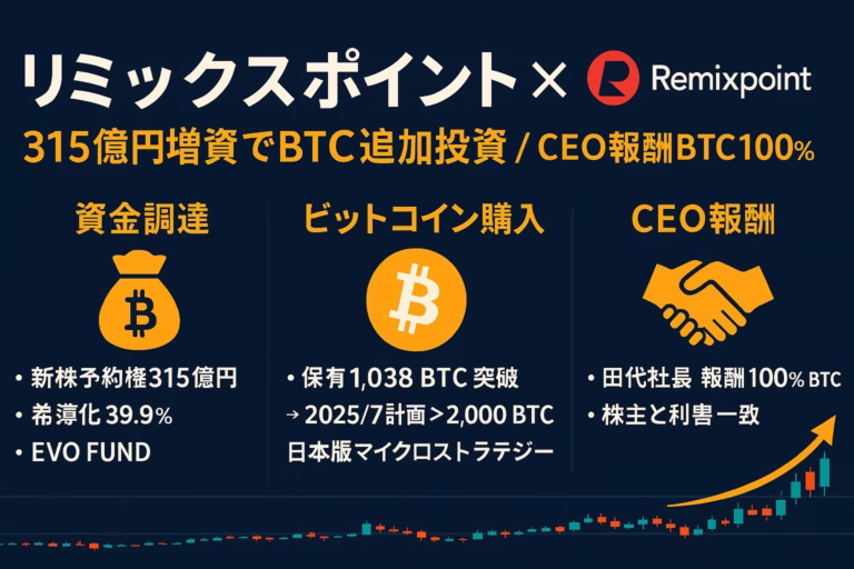 ダークネイビー背景にビットコイン・オレンジをアクセントにした横長インフォグラフィック（1280 × 670 px）。左上に「リミックスポイント × Bitcoin」ヘッダーとRemixpointロゴ。下部は3カラム構成：①「資金調達：新株予約権315億円・希薄化39.9％・EVO FUND」②「ビットコイン購入：保有1,038 BTC突破→2025/7計画>2,000 BTC・日本版マイクロストラテジー」③「CEO報酬：田代社長報酬100％BTC・株主と利害一致」。各カラム上部にマネーバッグ、ビットコインロゴ、握手アイコンをオレンジで配置。フッターにローソク足チャートと上向き矢印を配置し“BTC上昇”を強調。