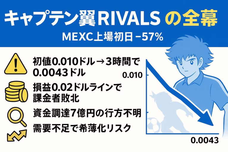 キャプテン翼風の青と黄を基調にした横長インフォグラフィック。「キャプテン翼RIVALS $JOHN暴落の全幕」という見出しと「MEXC上場初日-57%」のサブヘッド。左側に警告・コイン・虫眼鏡・稲妻のアイコン付きで「初値0.010ドル→3時間で0.0043ドル」「損益0.02ドルラインで課金者敗北」「資金調達7億円の行方不明」「需要不足で希薄化リスク」を列挙。右側にはキャプテン翼風シルエットと急落を示す折れ線グラフを配置。