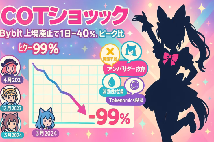 COTショックを解説するコスプレ風インフォグラフィック。カラフルなアニメ背景にチビキャラやシルエットのコスプレイヤーを配置し、Bybit上場廃止で1日-40%、ピーク比-99%の暴落を示す折れ線グラフと主要リスク（実需不足／アンバサダー依存／流動性枯渇／Tokenomics課題）を吹き出しアイコンで表示。