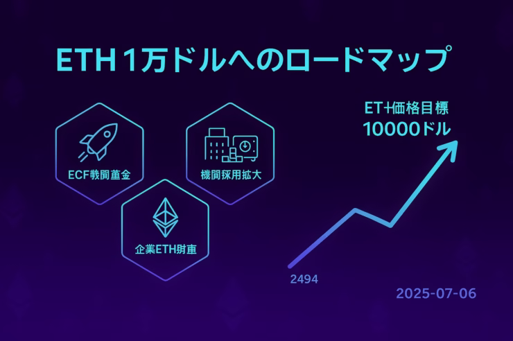 ダークパープル背景のインフォグラフィック。「ETH 1万ドルへのロードマップ」の見出し下に、六角形アイコンで①ロケット「ECF戦闘基金」②ビル＋金庫「機関採用拡大」③ETHロゴ「企業ETH財庫」。右側にシアンの折れ線グラフが 2,494 → 10,000 へ上昇し、「ETH価格目標 10000ドル」と明示。右下に日付 2025-07-06。