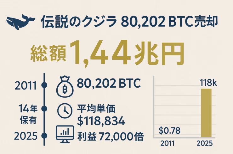 横長インフォグラフィック。タイトル『伝説のクジラ80,202 BTC売却』。中央に総額1.4兆円を強調。左に2011→2025の縦タイムライン、ラベル『14年保有』『80,202 BTC』。右にビットコイン価格推移棒グラフ（0.78 → 118k USD）。配色はネイビーブルーとゴールド。