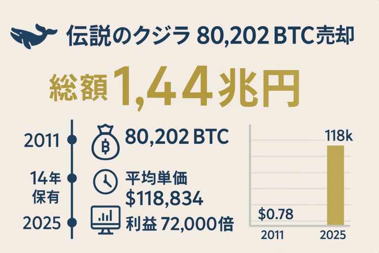 横長インフォグラフィック。タイトル『伝説のクジラ80,202 BTC売却』。中央に総額1.4兆円を強調。左に2011→2025の縦タイムライン、ラベル『14年保有』『80,202 BTC』。右にビットコイン価格推移棒グラフ（0.78 → 118k USD）。配色はネイビーブルーとゴールド。