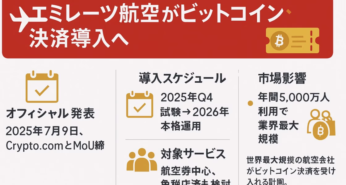 エミレーツ航空がビットコイン決済を導入する公式発表と導入スケジュール、対象サービス、年間利用者数5,000万人規模の市場インパクトを日本語でまとめた横長（1280 × 670 px）インフォグラフィック。