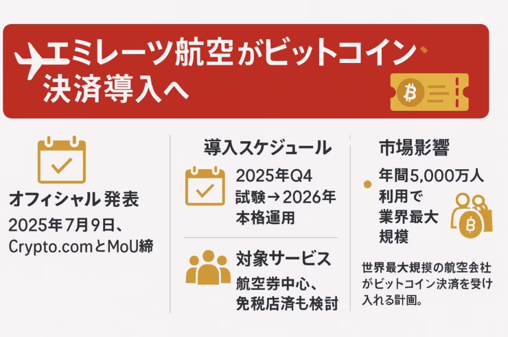 エミレーツ航空がビットコイン決済を導入する公式発表と導入スケジュール、対象サービス、年間利用者数5,000万人規模の市場インパクトを日本語でまとめた横長（1280 × 670 px）インフォグラフィック。