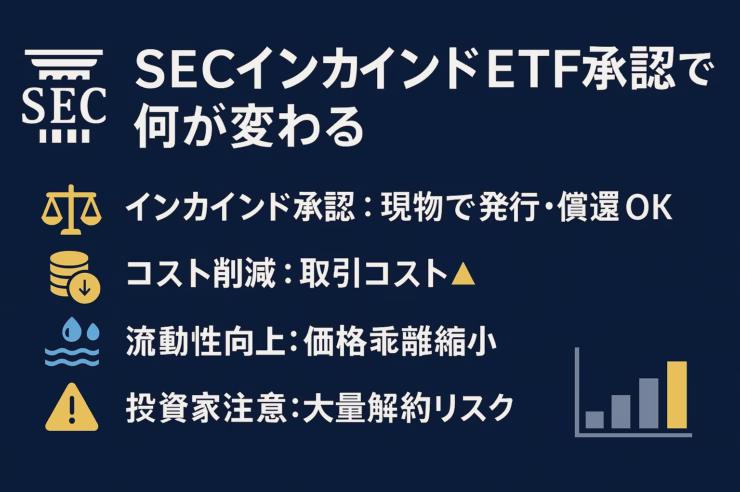 ネイビーブルー背景にゴールドと白のアクセントで構成した横長インフォグラフィック。「SECインカインドETF承認で何が変わる」のタイトル下に、天秤・コイン・波・警告アイコン付きで「インカインド承認」「コスト削減」「流動性向上」「投資家注意」の四項目を説明。右下にバーグラフでスプレッド縮小を示し、左 60 px は余白。