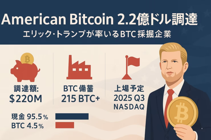 American Bitcoin 2.2 億ドル調達 ― エリック・トランプ率いるBTC採掘企業の資金調達と事業概要を示す日本語インフォグラフィック