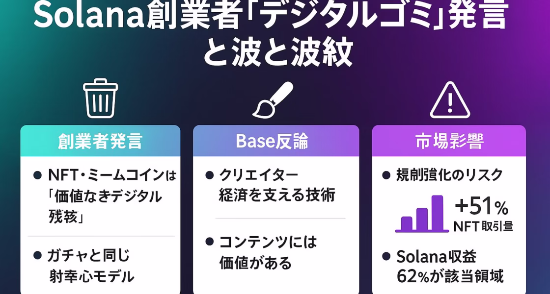Solana創業者『デジタルゴミ』発言と波紋をまとめた横長インフォグラフィック。ソラナのグラデーションを背景に、左から「創業者発言」「Base反論」「市場影響」の3ブロックで整理。ごみ箱・筆・警告アイコンを配置し、NFT取引量＋51％など主要数値を紫の棒グラフで示す。