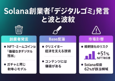 Solana創業者『デジタルゴミ』発言と波紋をまとめた横長インフォグラフィック。ソラナのグラデーションを背景に、左から「創業者発言」「Base反論」「市場影響」の3ブロックで整理。ごみ箱・筆・警告アイコンを配置し、NFT取引量＋51％など主要数値を紫の棒グラフで示す。