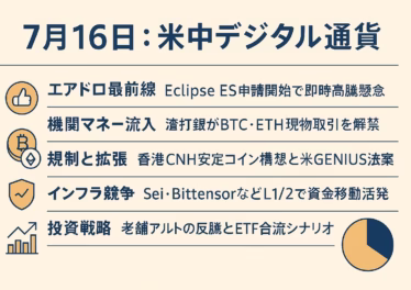 7月16日：米中デジタル通貨」と題し、エアドロ、機関マネー、規制拡張、インフラ競争の4項目をアイコン付きで示した横長日本語インフォグラフィック
