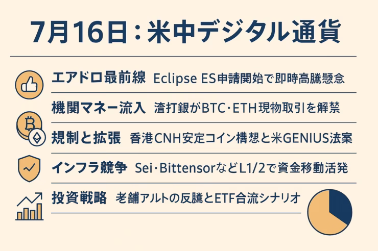 7月16日：米中デジタル通貨」と題し、エアドロ、機関マネー、規制拡張、インフラ競争の4項目をアイコン付きで示した横長日本語インフォグラフィック