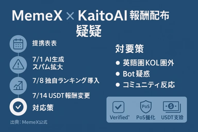 MemeX×KaitoAI報酬配布疑惑を説明する横長インフォグラフィック。左に提携発表からUSDT報酬変更までのタイムライン、右に「英語圏KOL圏外」「Bot疑惑」「コミュニティ反応」の要点、下部にVerified制限・PoS強化・USDT支給の対応策アイコンを配置。ネイビーブルー基調。