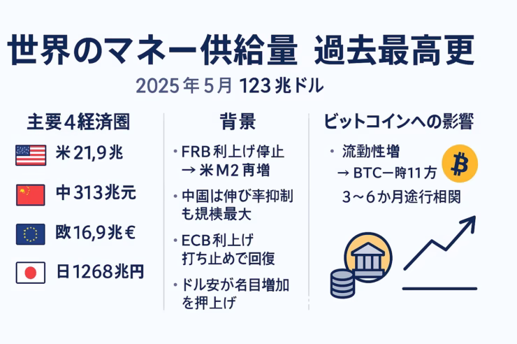 世界のマネー供給量が過去最高を更新したことを示す横長（1280×670 px）日本語インフォグラフィック。左から「主要4経済圏」「背景」「ビットコインへの影響」の3カラム構成で、ネイビーブルー主体・ゴールド強調の配色。