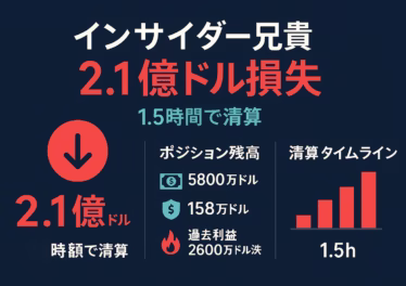 インサイダー兄貴(@qwatio)2.1億ドル損失全解説 16 インサイダー兄貴が1.5時間で2.1億ドルを失った概要を示す横長インフォグラフィック。大きな赤字の損失額と矢印アイコン、ポジション残高・証拠金・過去利益の統計、清算タイムラインの赤い棒グラフを3カラムで配置。