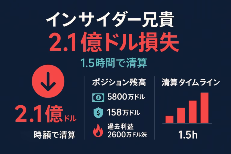 インサイダー兄貴が1.5時間で2.1億ドルを失った概要を示す横長インフォグラフィック。大きな赤字の損失額と矢印アイコン、ポジション残高・証拠金・過去利益の統計、清算タイムラインの赤い棒グラフを3カラムで配置。