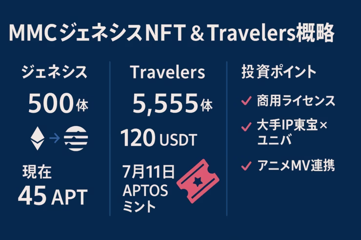 横長インフォグラフィック。濃いネイビーブルー背景に白とピンクの文字で「MMCジェネシスNFT & Travelers概要」と大見出し。左から「ジェネシス 500体・現在45 APT」「Travelers 5,555体・120 USDT・7月11日APTOSミント」「投資ポイント：商用ライセンス／東宝×ユニバ／アニメMV連携」を3列で配置し、Ethereum→Aptosのアイコンとチケットのピクトグラムをアクセントに配置。