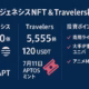 横長インフォグラフィック。濃いネイビーブルー背景に白とピンクの文字で「MMCジェネシスNFT & Travelers概要」と大見出し。左から「ジェネシス 500体・現在45 APT」「Travelers 5,555体・120 USDT・7月11日APTOSミント」「投資ポイント：商用ライセンス／東宝×ユニバ／アニメMV連携」を3列で配置し、Ethereum→Aptosのアイコンとチケットのピクトグラムをアクセントに配置。